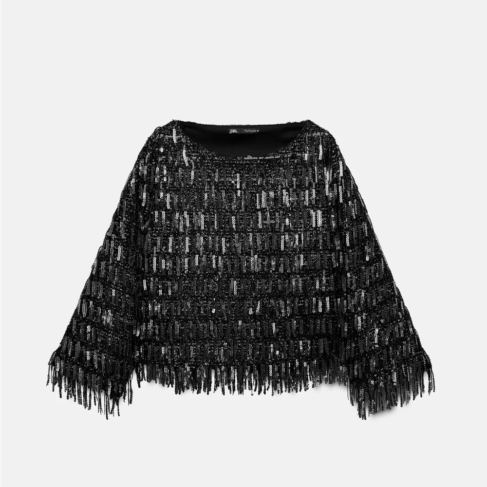 Zara Black Sequin Fringe Top